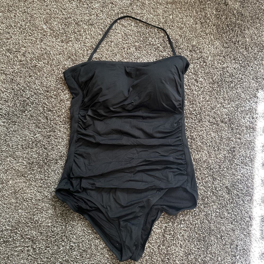 Tommy Bahama Coastline Stripe Bandeau Black One Piece Swimsuit Halter Sz 10